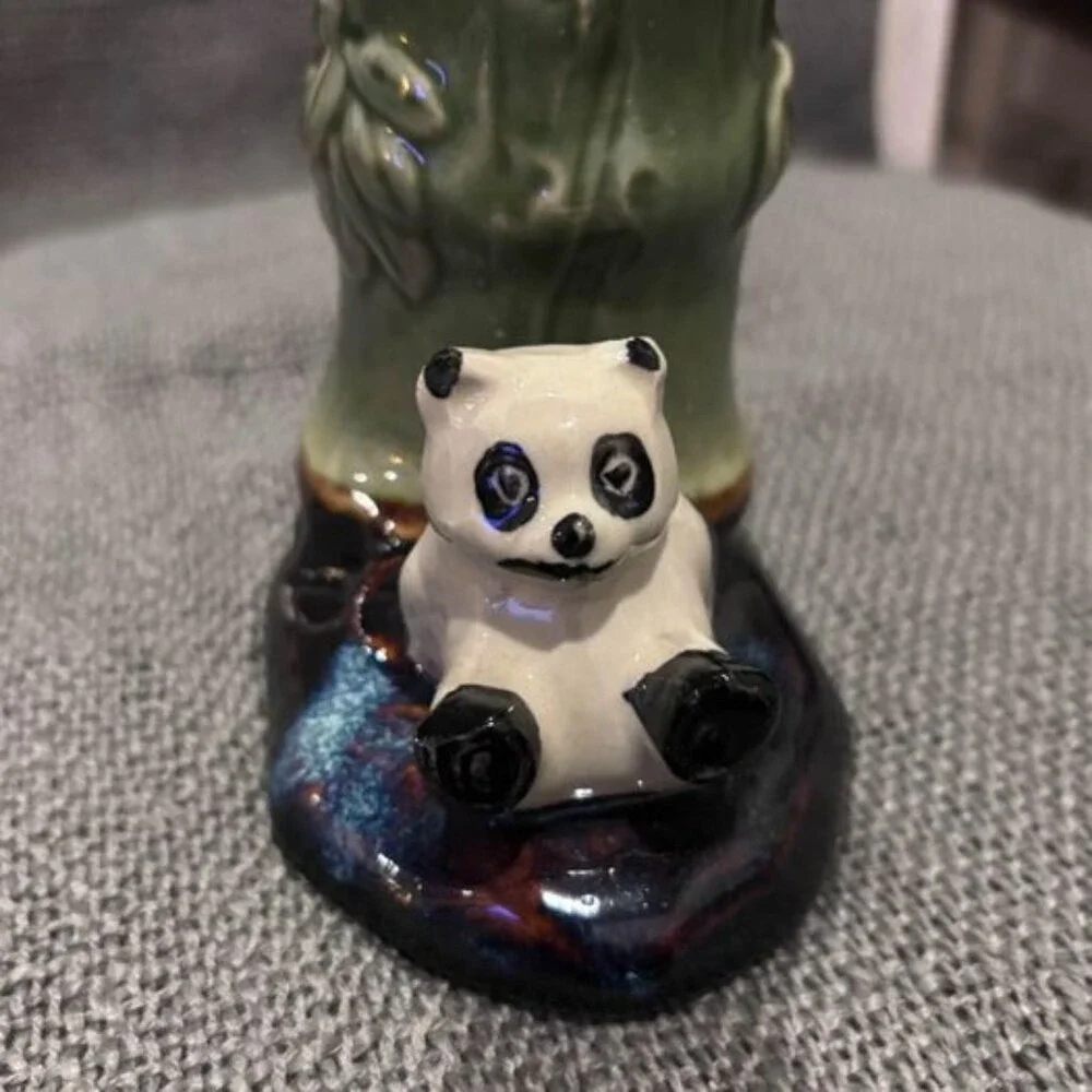 Vintage‎ Ceramic Panda Bamboo Bud Vase Figurine Green White Black